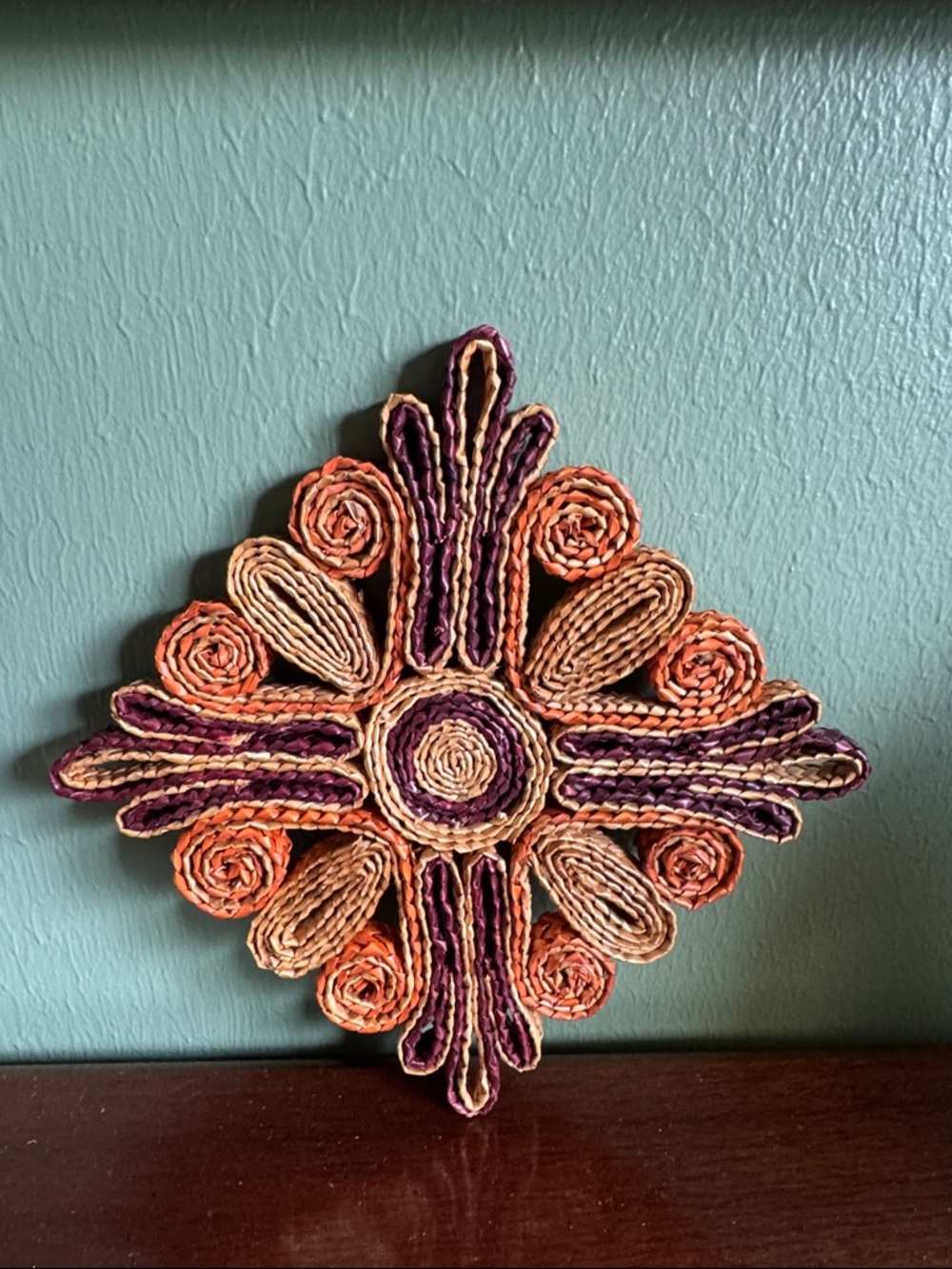 Handwoven Vintage Boho Raffia Wall Hanging Decor Trivet 7”